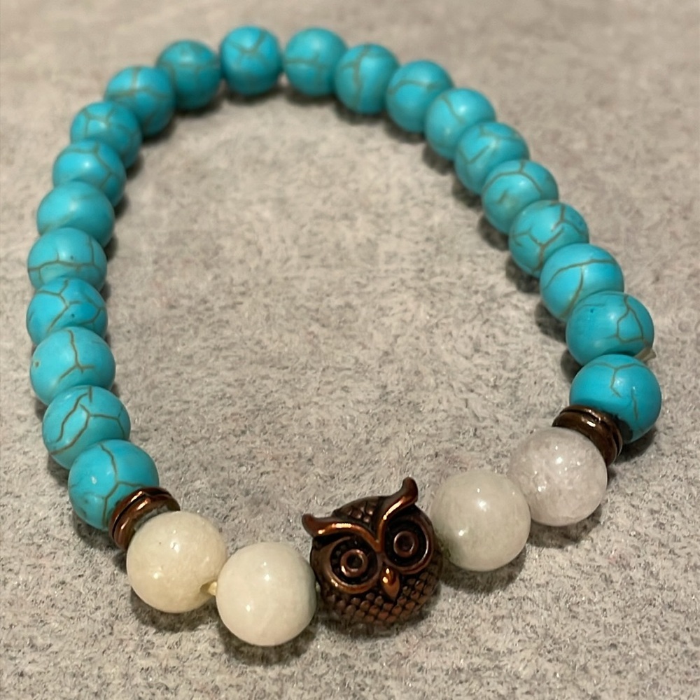 Copper Owl Turquoise & Quartz Stretch bracelet 8-9”